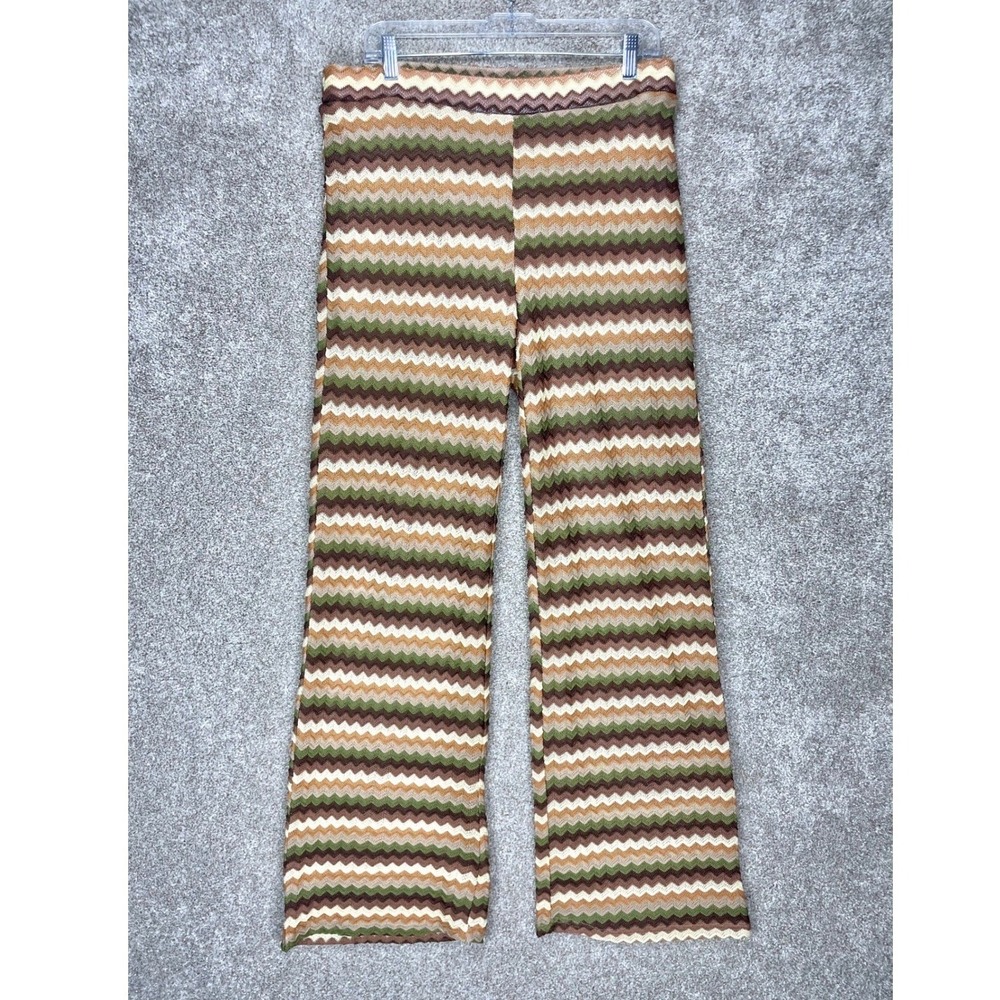 Lulumar Chevron Knit Wide Leg Pants Women XL Brown Stretch 70s Retro Boho Pullon